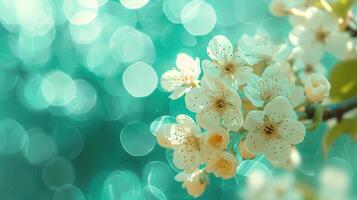 ai generiert Blühen Apfel Baum im das Frühling Garten. Nahansicht von Weiß Blumen von Apfel, Kirsche Baum foto