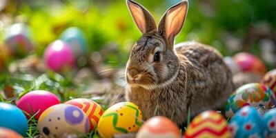 ai generiert Ostern Hase mit farbig Eier. Ostern Symbol foto