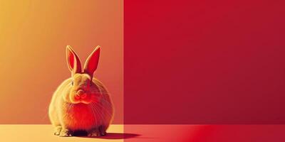 ai generiert Ostern Hase auf ein rot Hintergrund. glücklich Ostern Karte. Minimalismus. Ostern Hintergrund. foto