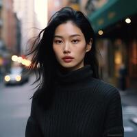 ai generiert fotorealistisch Porträt von ein jung asiatisch weiblich Modell- gegen ein Stadt Hintergrund foto