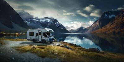 ai generiert Camping Auto gegen das Hintergrund von schneebedeckt Berge und ein Blau See. Lebensstil Konzept zum Reisende foto