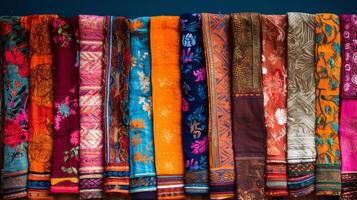 ai generiert ein Rand von bunt indisch Textilien und Muster foto