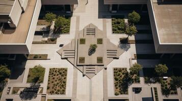 ai generiert ein Overhead Aussicht von ein Brutalist Platz mit sauber Linien foto