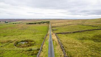 Antenne Aussicht von ein Gerade Land Straße Schneiden durch ein groß, Grün Moorland unter ein wolkig Himmel. foto