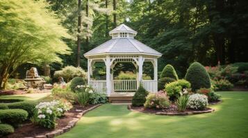 ai generiert Hinterhof Garten Hochzeit mit ein Pavillon foto