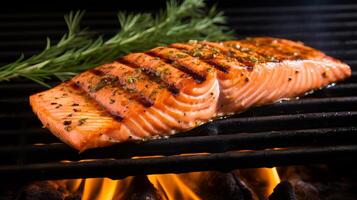 ai generiert ein perfekt gegrillt Lachs Filet mit Grill Markierungen foto