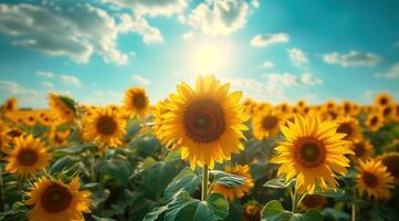 ai generiert golden Sonnenblume auf Feld und Blau Himmel Lager Foto