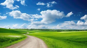 ai generiert ein schön Landschaft entfaltet sich mit ein Straße Wicklung durch Felder unter ein Blau Himmel geschmückt mit flauschige Wolken. ai generiert. foto