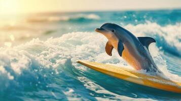 ai generiert ein süß Delfin Surfer genießt ein voller Spaß Sommer- Tag beim das Strand, Reiten Wellen mit Begeisterung, ai generiert. foto