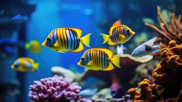 ai generiert tropisch Fisch mit beschwingt Streifen schwimmen im perfekt Formation wie ein Schule, ai generiert. foto