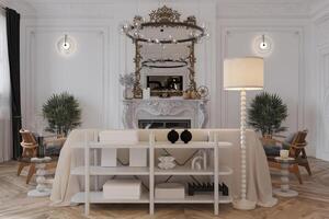 luxuriös Wohnung mit ein Weiß Hintergrund Design, ein Stand Lampe, und ein Gestell Stand durch das Sofa. foto