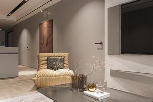 elegant Design mit Fernseher, Kaffee Tisch, Sofa, einfach Linien foto