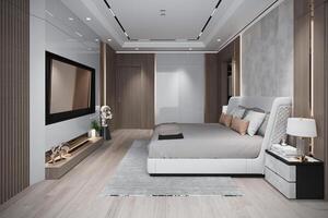 modern Innere spotten oben Möbel und Dekoration von Schlafzimmer Design und Weiß Muster Mauer Textur Hintergrund 3d Rendern foto