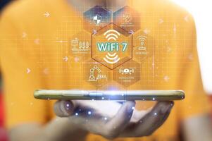 konzept technologie wifi 7 verbindet sich mit neuer technologie mit der internetwelt foto