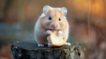 ai generiert Hamster steht auf ein Stumpf, Brot nahe, neugierig Augen Vermessung es ist Umfeld, ai generiert. foto