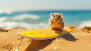 ai generiert ein süß Hamster Surfer genießt ein voller Spaß Sommer- Tag beim das Strand, Reiten Wellen mit Begeisterung, ai generiert. foto