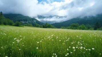 ai generiert expansiv Landschaft mit üppig, grasig Wiesen. Gelassenheit im der Natur umarmen, ai generiert. foto