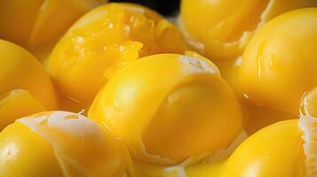 ai generiert Nahansicht von beschwingt Gelb Mango Eis Sahne Bälle, verlockend und erfrischend, ai generiert. foto