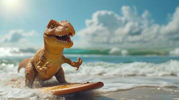 ai generiert ein süß Dinosaurier Surfer genießt ein voller Spaß Sommer- Tag beim das Strand, Reiten Wellen mit Begeisterung, ai generiert. foto