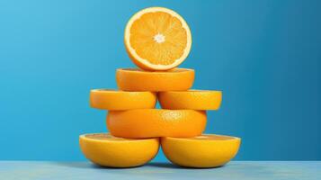 ai generiert frisch Orange Scheiben auf beschwingt Blau. ein platzen von Zitrus, ai generiert. foto