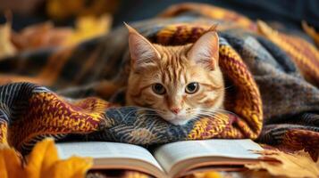 ai generiert bezaubernd Katze Lounges auf ein kariert bedeckt Buch, ein charmant Mischung von katzenartig Komfort und literarisch Gemütlichkeit, ai generiert. foto