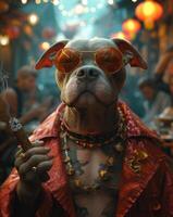 ai generiert cool Hund gekleidet im rot Jacke Gold Ketten und Sonnenbrille Rauchen Zigarre im Bar foto