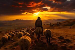 ai generiert Reiten Mann Reiten Shee. Cowboy Hüten Schaf beim Sonnenuntergang foto