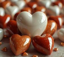 ai generiert Weiß Herz und rot Herzen auf grau Hintergrund. 3d Herzen Hintergrund zum Valentinsgrüße Tag foto