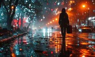 ai generiert ein Raum Astronaut gehen. ein Person tragen ein rot Regenjacke Spaziergänge Nieder ein beschäftigt Stadt Straße, halten ein Regenschirm zu Schild sich von das Regen. foto