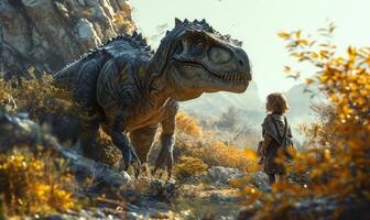 ai generiert das Junge und das Dinosaurier im das Feld das Junge trifft Dinosaurier foto
