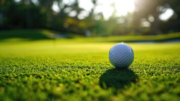 ai generiert Golf Ball Nahansicht auf Gras, detailliert Aussicht von Sport Präzision. ai generiert. foto