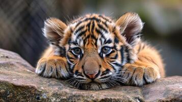 ai generiert Baby Tiger Blicke Nieder mit Unschuld, ein fesselnd Mischung von wild Charme, ai generiert. foto