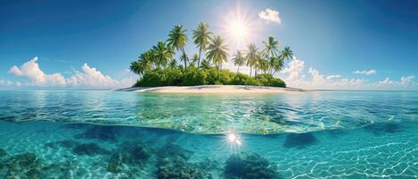 ai generiert Panorama von ein heiter Insel - - klar Lagune, palmengesäumt Ufer, hell Sonne, Blau Himmel. ai generiert. foto