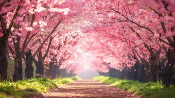 ai generiert ein malerisch Gasse geschmückt mit Kirsche Blüten, Erfassen das zauberhaft Schönheit von Frühling. ai generiert. foto