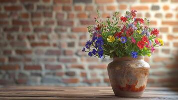 ai generiert Frühling Blumen Anmut ein Keramik Topf auf ein Tisch, einstellen gegen ein rustikal Backstein Mauer Hintergrund. ai generiert. foto