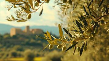 ai generiert Olive Geäst schmücken ein Olive Hain in der Nähe von ein mittelalterlich Mittelmeer Schloss, hervorrufen ein rustikal Charme. ai generiert foto