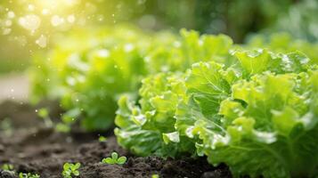 ai generiert frisch organisch Grüner Salat gedeiht im ein Gemüse Garten, gewachsen auf das Boden zum ein gesund und aromatisch Ernte. ai generiert foto