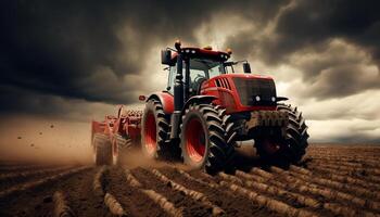 ai generiert Traktor mit Egge im das Feld gegen ein wolkig Himmel. Traktor auf wolkig Himmel Hintergrund, landwirtschaftlich Maschine. Traktor im voll Geschwindigkeit foto
