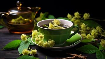 ai generiert Tasse von Kräuter- Tee mit Linde Blumen auf dunkel Hintergrund foto