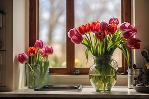 ai generiert Tulpen im ein Vase im Vorderseite von ein Küche Fenster foto