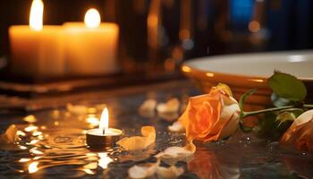 ai generiert Schönheit Wasser Therapie Kerze Spa Wellness Licht Pflege Gesundheit Entspannung romantisch Bad foto