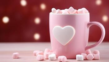 ai generiert Rosa Becher auf ein Rosa Hintergrund gefüllt mit Marshmallows im das bilden von Herzen. Valentinstag Tag Urlaub Konzept foto