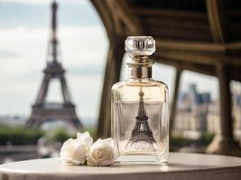 ai generiert ein Glas Flasche von Parfüm, im Weiß Töne, in der Nähe von das Eiffel Turm foto