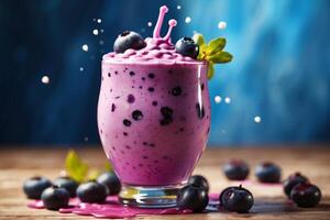 ai generiert Blaubeere Milchshake mit Spritzen foto