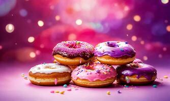 ai generiert Wunder hell bunt Rosa lila Freude Donuts im einfach Hintergrund und Bokeh Sanft Licht Flecken Hintergrund. foto