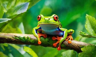 ai generiert rot Augen Grün Frosch thront auf Baum Geäst auf Grün Hintergrund. foto