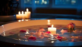 ai generiert Schönheit Wasser Therapie Kerze Spa Wellness Licht Pflege Gesundheit Entspannung romantisch Bad foto