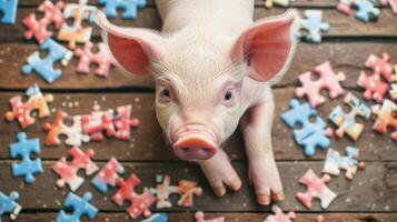 ai generiert bezaubernd oben Aussicht von ein süß Schwein lösen ein Puzzle Puzzle, spielerisch und clever. ai generiert foto