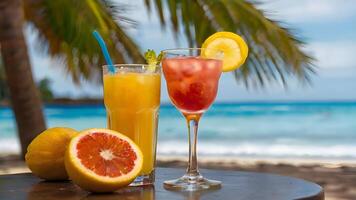 ai generiert ein Glas von Orange Saft und Grapefruit Cocktail sind platziert auf ein Tabelle auf das tropisch Strand foto