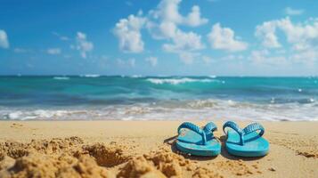 ai generiert ein Paar von Flip Flops steht im das Sand beim das Strand, mit das riesig Ozean Erstellen ein heiter Hintergrund. ai generiert foto